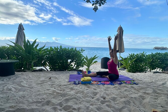 Yoga at sunrise at Sofitel Moorea, overlooking Tahiti - Sunrise Yoga at Sofitel Moorea, Feet in Sand and Tahiti in Front of You